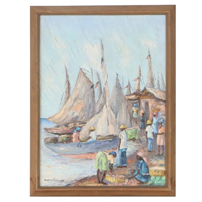 Clarck Louizor Oil Painting of Seaport, Late 20th Century