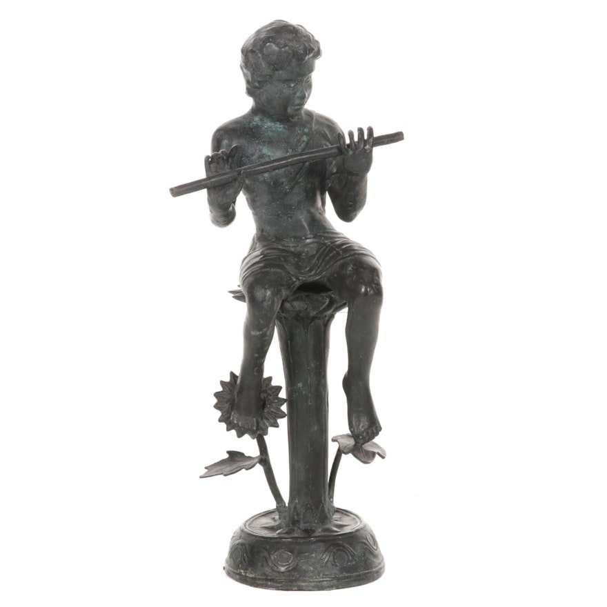 Art Nouveau Metal Sculpture of Young Man Holding Flute