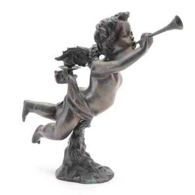 Patinated Trumpeter Putto Candlestick