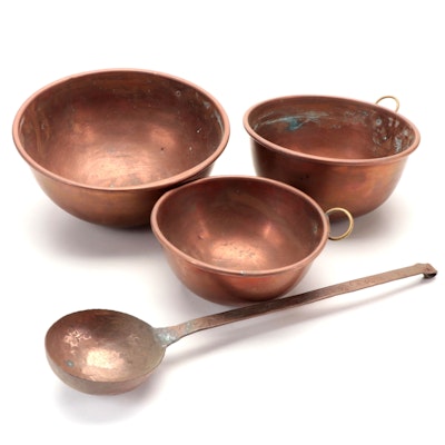 Brass Ring Handled Copper Beating Bowls with Hammered Copper Ladle