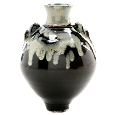 Artist Signed Drip Glaze Handled Earthenware Vase