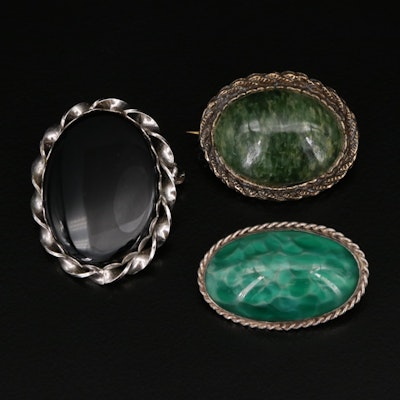 Sterling Black Onyx and Nephrite Oval Brooches with Braided Accents