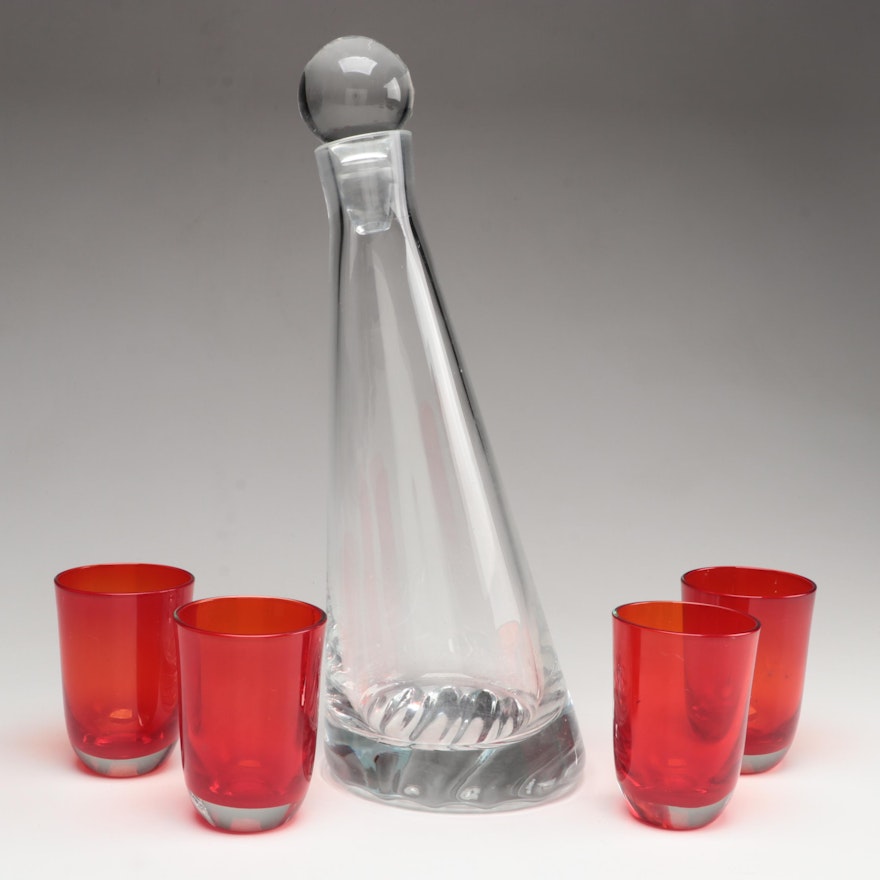 Modern Clear Glass Decanter with Ruby Glass Drinking Glasses