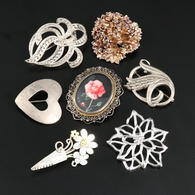 Sterling and 800 Silver Heart and Foliate Brooches