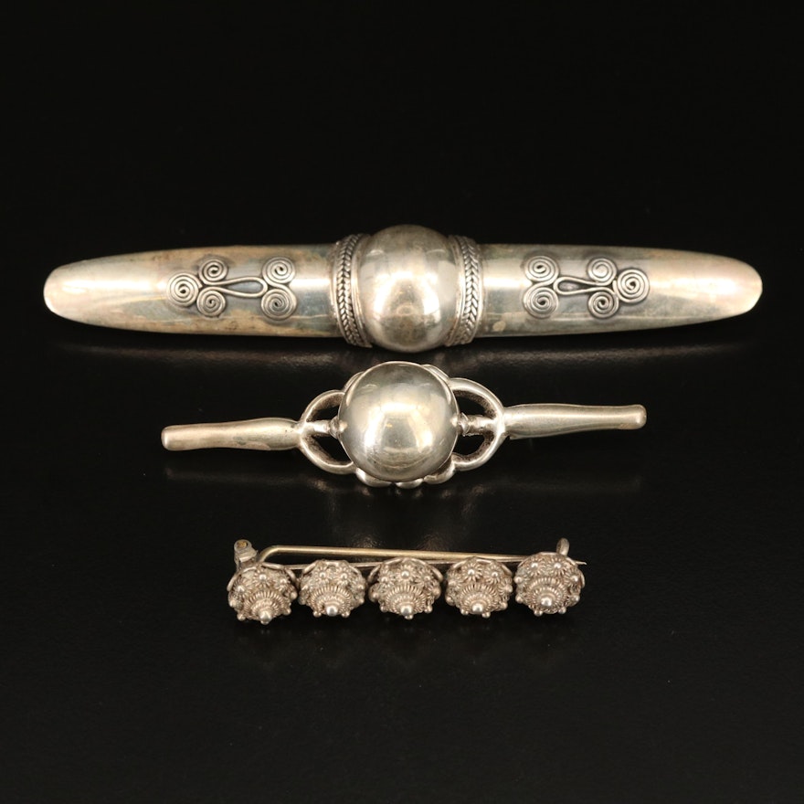 Sterling Brooch Grouping Featuring Cannetile Bar Brooch