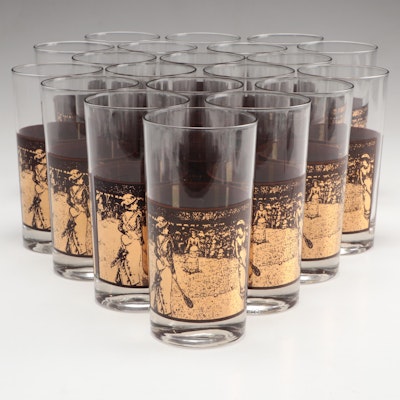 Gold Toned Tennis Themed Highball Glasses,  Mid to Late 20th Century