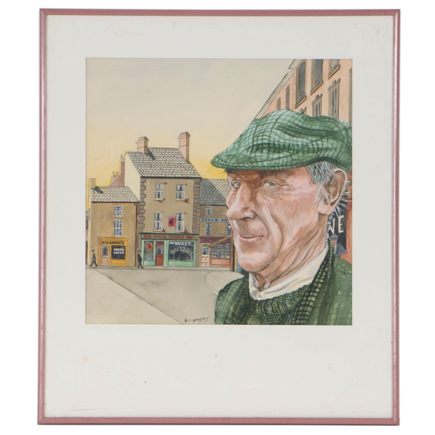 Bill Gregory Portrait Watercolor Painting, Late 20th Century