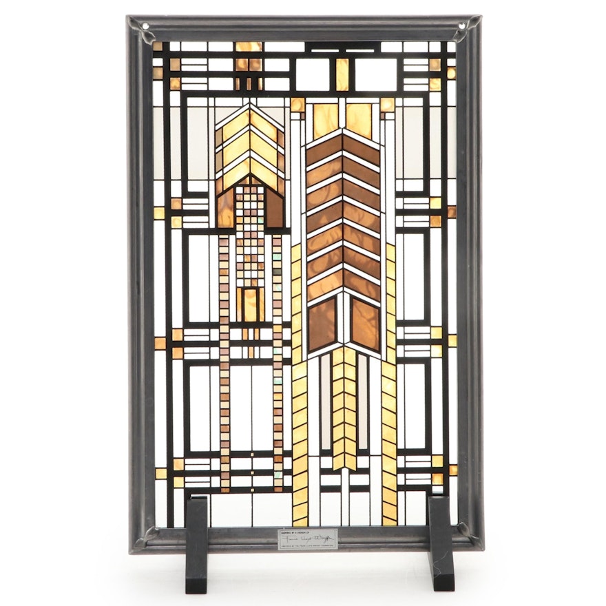 Framed Stained Glass Panel on Stand After Frank Lloyd Wright "Autumn Sumac"