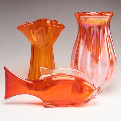 Optic Mold Blown Vases with Fish Figurine