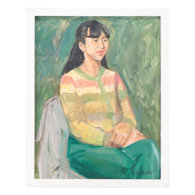 George E. Miller Oil Painting "Portrait Against Green," Circa 2000