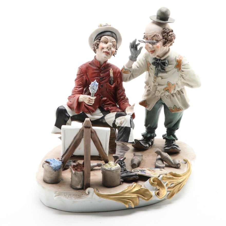 Capodimonte Hand-Painted Porcelain Figurine of Painting Clowns