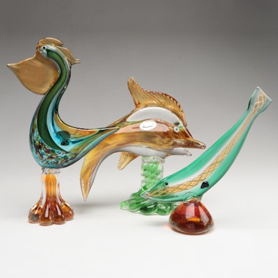 Murano Handcrafted Art Glass Fish and Pelican Figurines, Mid to Late 20th C.