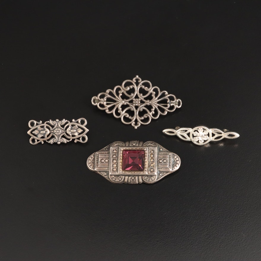 Sterling Brooches with Floral Designs and Rhinestone Accent