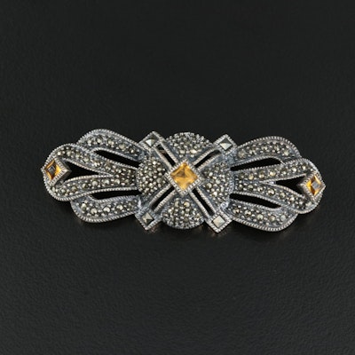 Judith Jack Sterling Citrine and Marcasite Bow Brooch