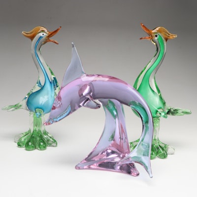 Licio Zanetti Murano Art Glass Dolphin with Murano Art Glass Bird Figurines