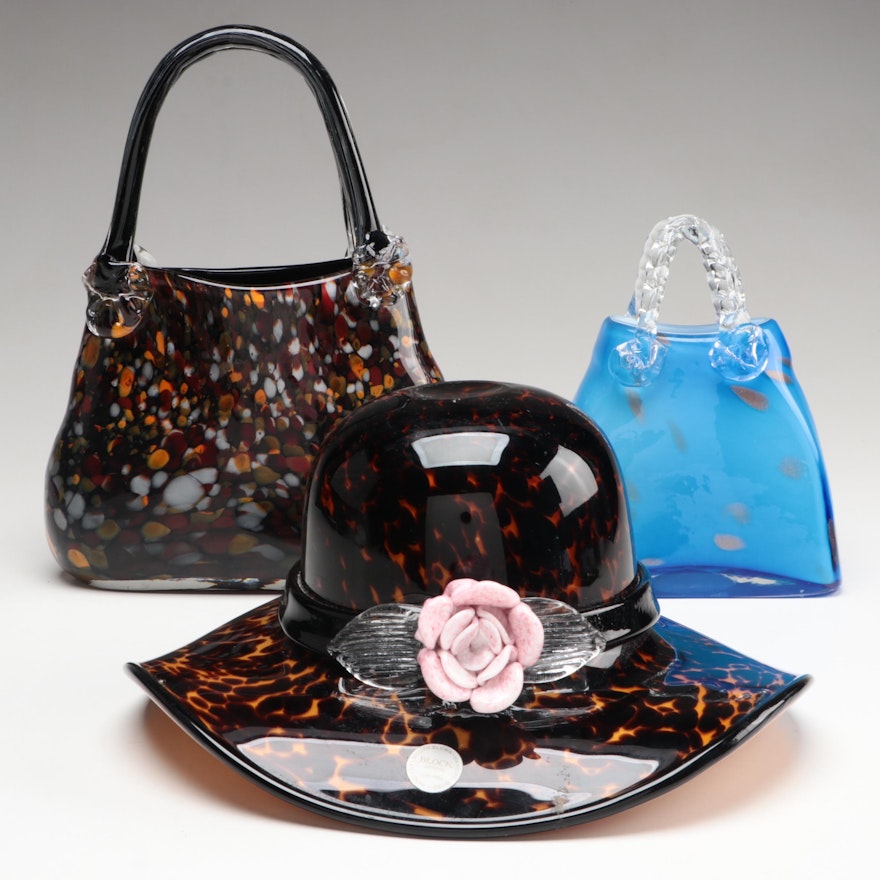 Block Crystal Hand-Crafted Hat with Flower and Purse with Other Glass Purse