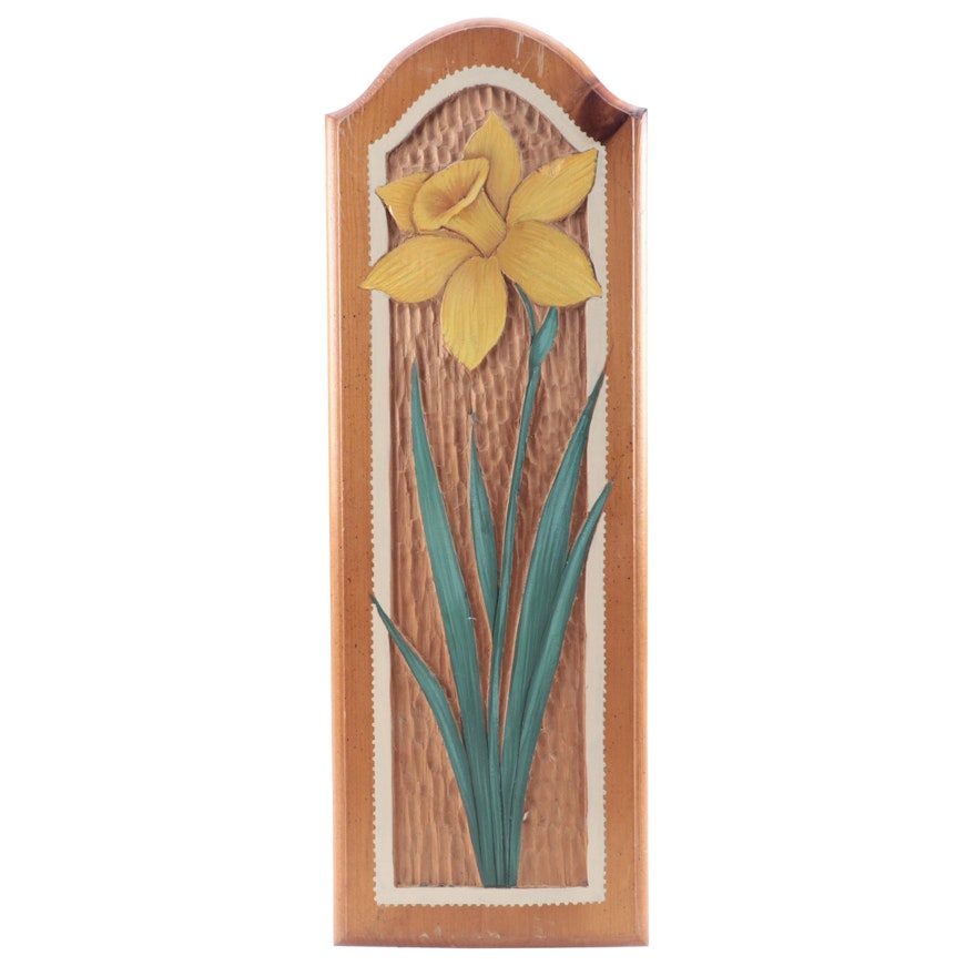 Carved Wood Daffodil Wall Panel, Mid to Late 20th Century