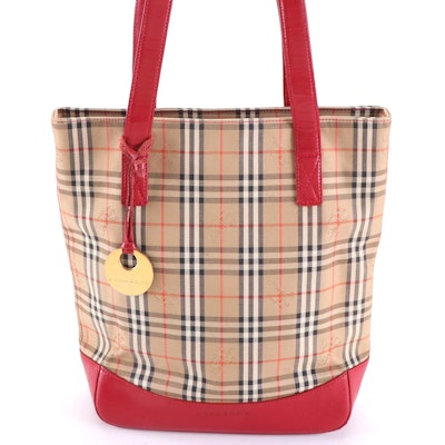 Burberry Small Shoulder Tote in Haymarket Check Gabardine/Red Crossgrain Leather