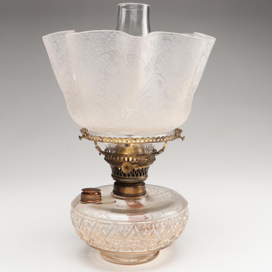 Plume & Atwood Pressed Glass Oil Lamp with Ruffled Shade and Chimney