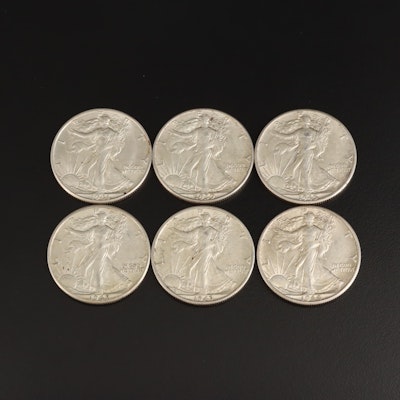 Six Walking Liberty Silver Half Dollars