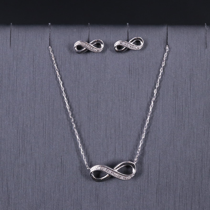 Sterling Silver 0.02 CTW Diamond Infinity Stud Earrings and Necklace