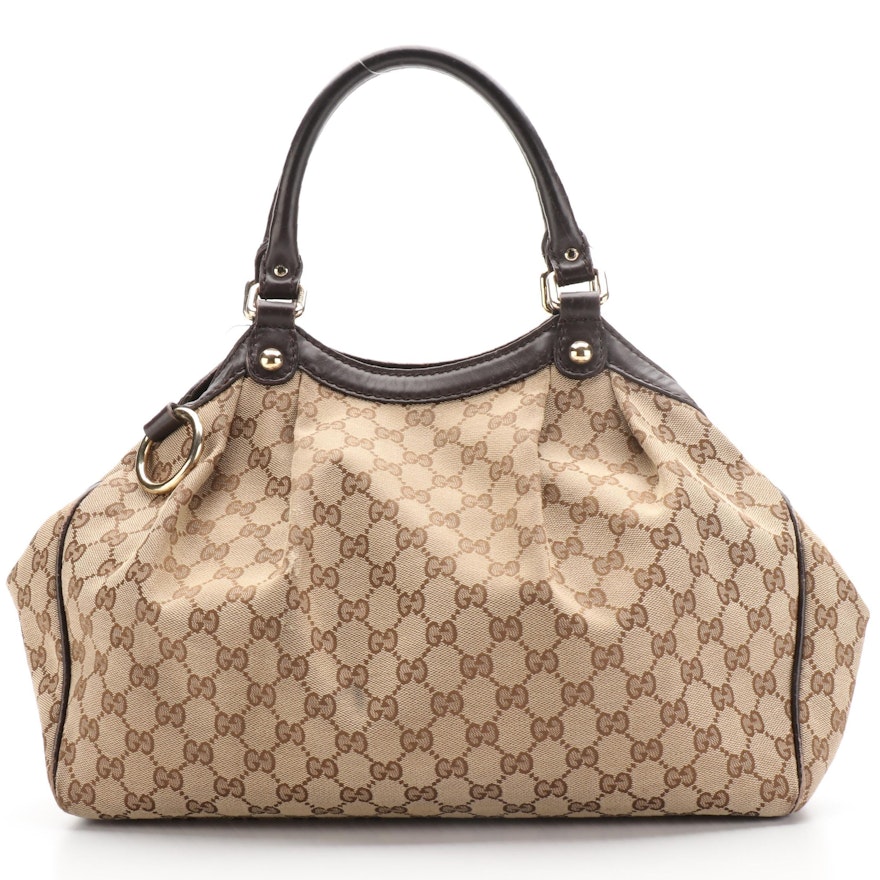 Gucci Sukey Tote Bag in GG Canvas and Dark Brown Leather Trim