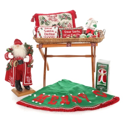 Christmas Figurines, Decorative Textiles, and Folding Basket Tray Table