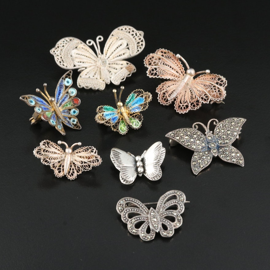 800 Silver and Sterling Butterfly Brooches with Marcasite and Enameled Accents