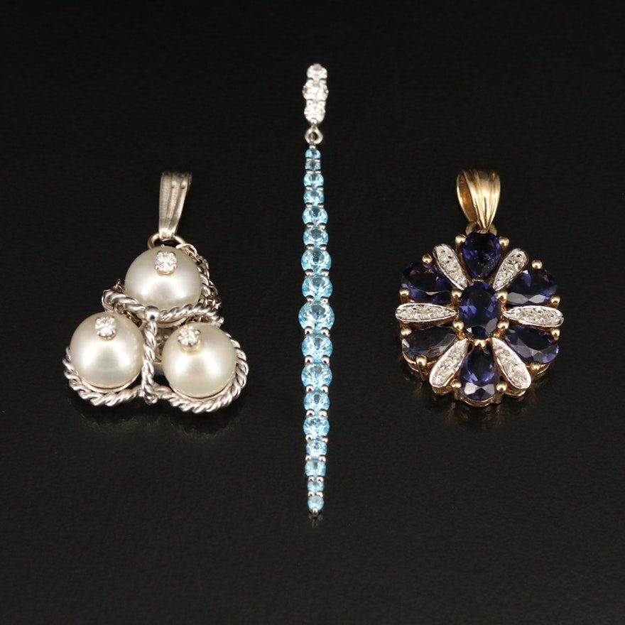 14K and 10K Pendants Featuring Pearl, Topaz, Diamond and Iolite