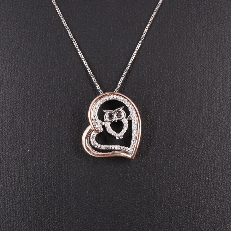 Sterling 0.05 CTW Diamond Owl Heart Pendant Necklace