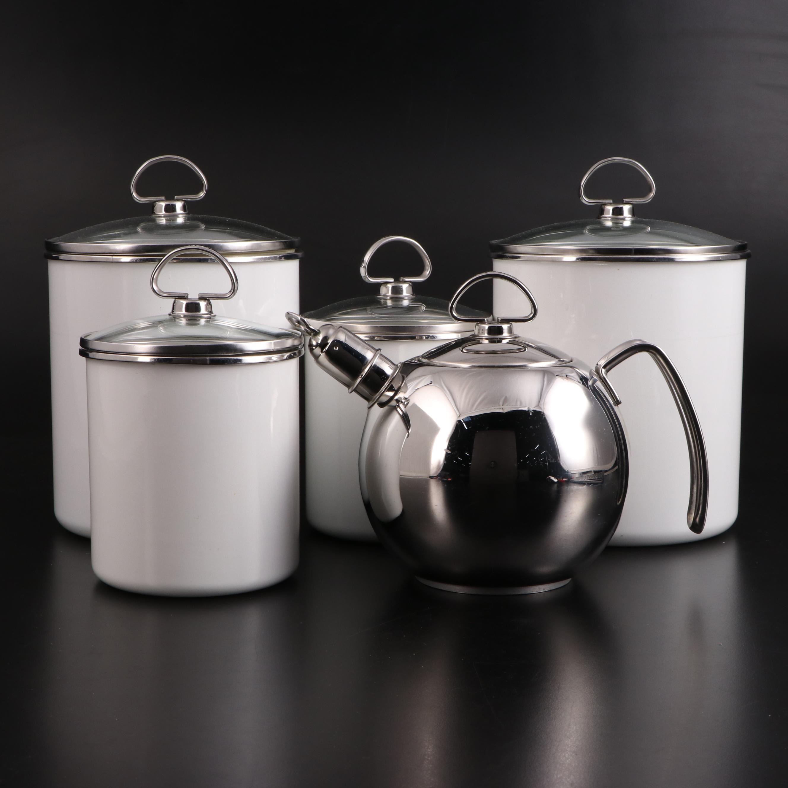 Chantal Stainless Whistling Tea Kettle and Enameled Canister Set EBTH