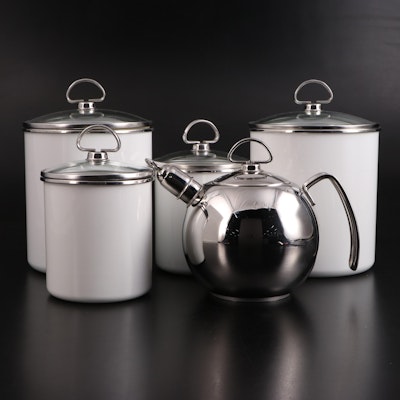 Chantal Stainless Whistling Tea Kettle and Enameled Canister Set