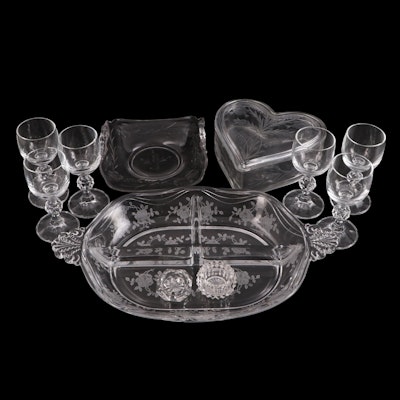 Fostoria "Willowmere" Divided Dish, Hungarian Crystal Cordials, and Other Glass