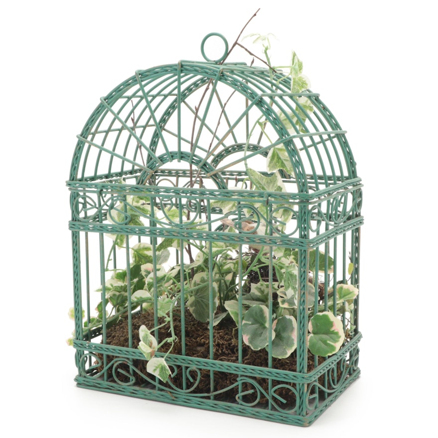 Green Painted Wire Bird Cage with Faux Ivy and Moss Foliage