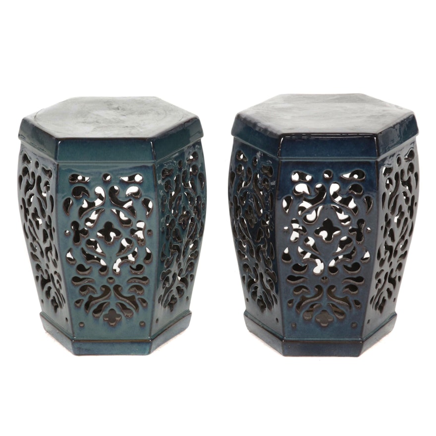 Two Contemporary Hexagonal Pierced Ceramic Garden Stools
