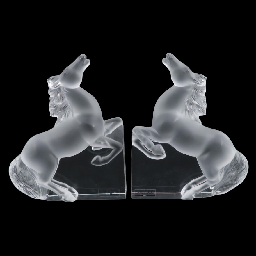 Pair of Lalique "Rearing Kazak Horse" Frosted and Clear Crystal Bookends