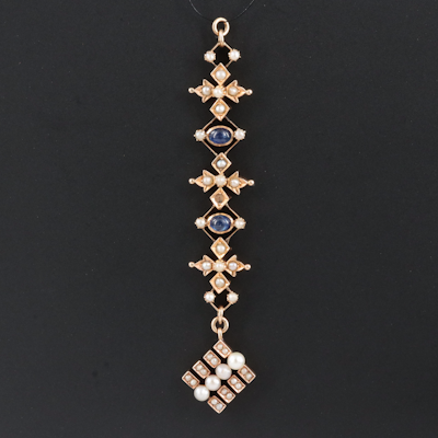 Victorian 14K Sapphire, Seed Pearl and Pearl Assembled Pendant