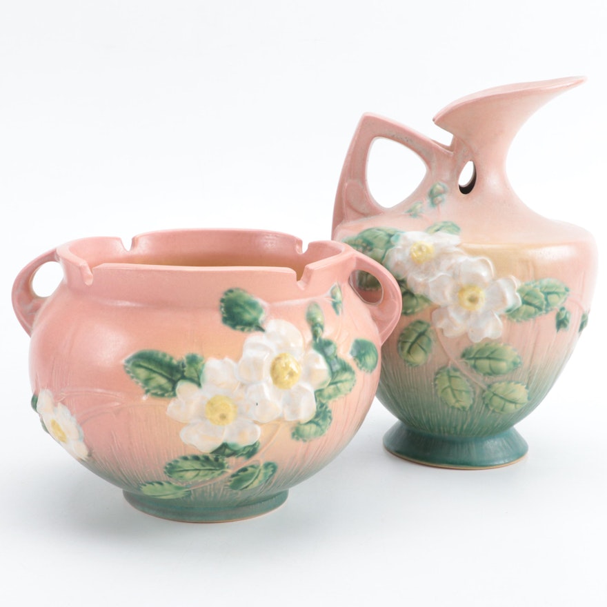 Roseville Pottery "White Rose" Jardinière and Ewer, Mid-20th Century