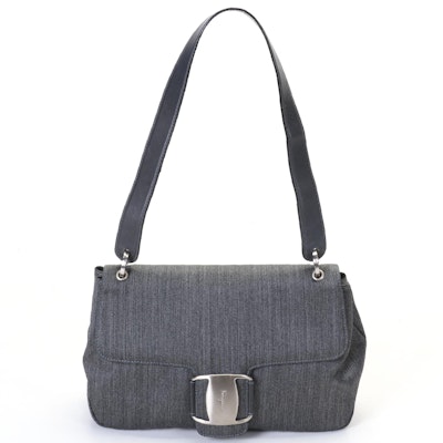 Salvatore Ferragamo Vala Grey Fabric Shoulder Bag With Leather Strap