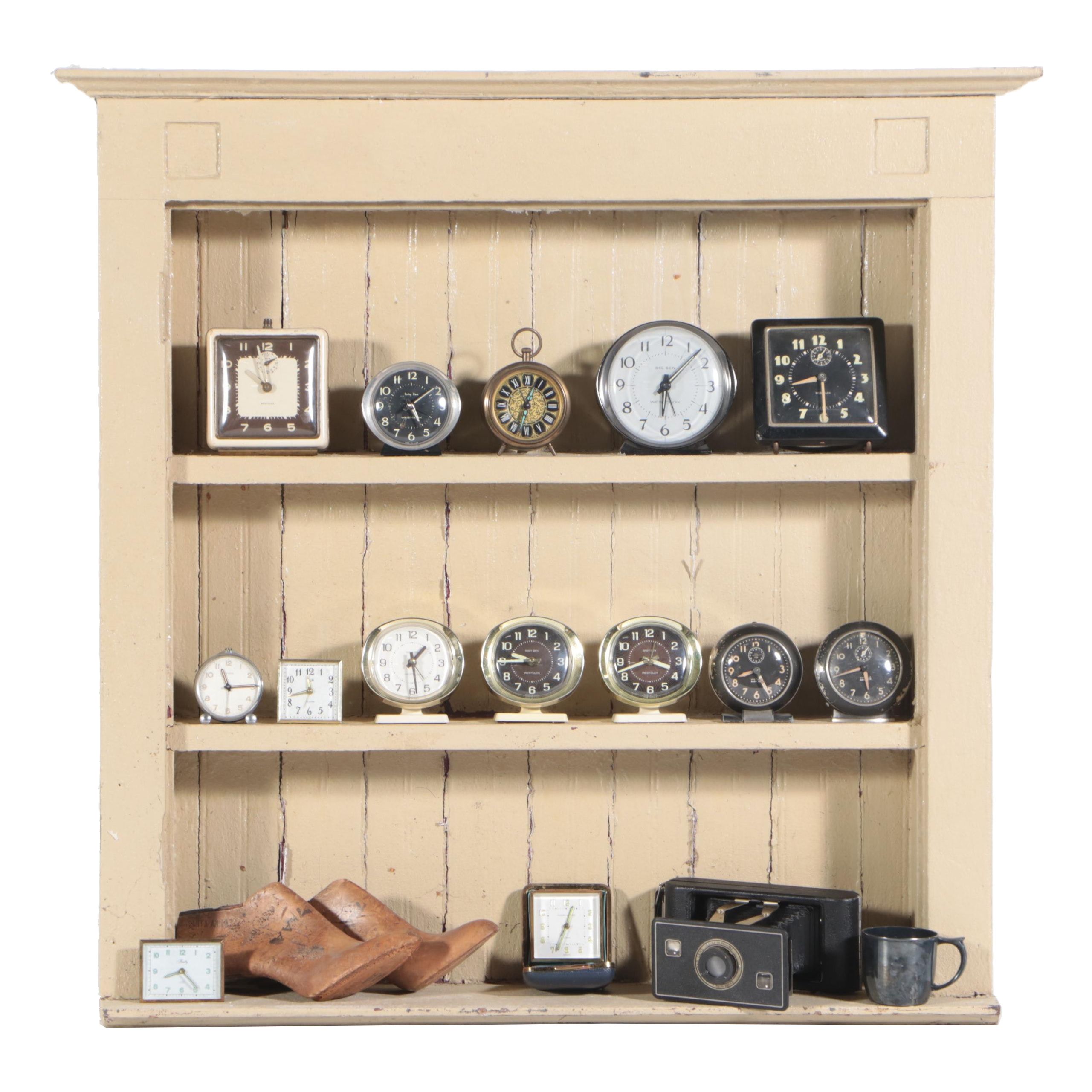 Painted Wood Wall Shelf with Clock Collection and More EBTH