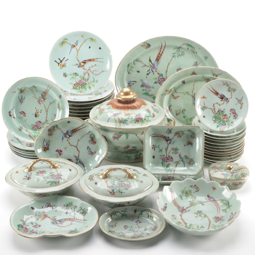 Chinese Export Porcelain Celadon Famille Rose Assembled Partial Dinner Service