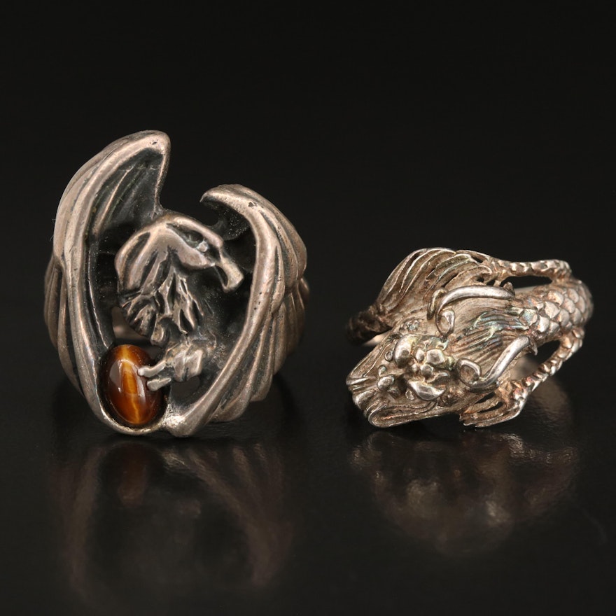 Sterling Eagle Ring with Tiger's Eye Quartz Accent and Chinese Dragon Ring