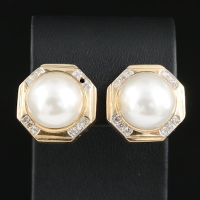 14K Imitation Pearl and Diamond Earrings
