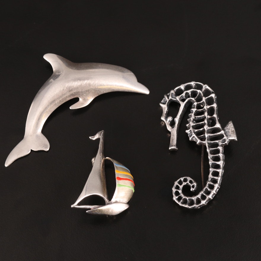 Trio of Sterling Aquatic Themed Brooches