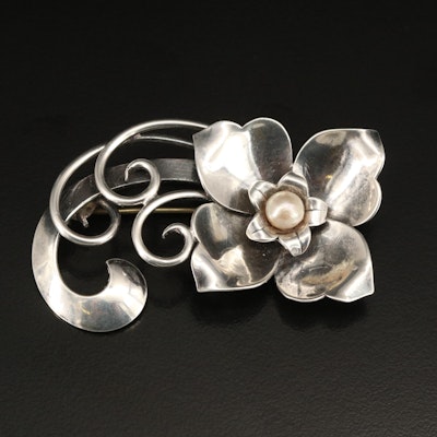 Vintage Nino Bisso Sterling Pearl Flower Brooch