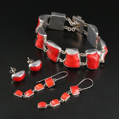 Coral and Faux Coral Bracelet and Earrings