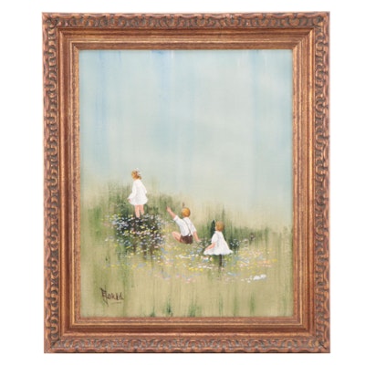 E. Jones Landscape With Children Oil Painting