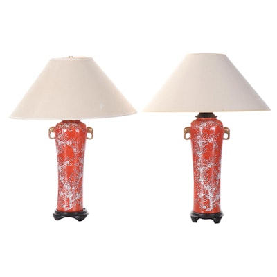 Chinese Orange and White Cherry Blossom Porcelain Vase Lamps