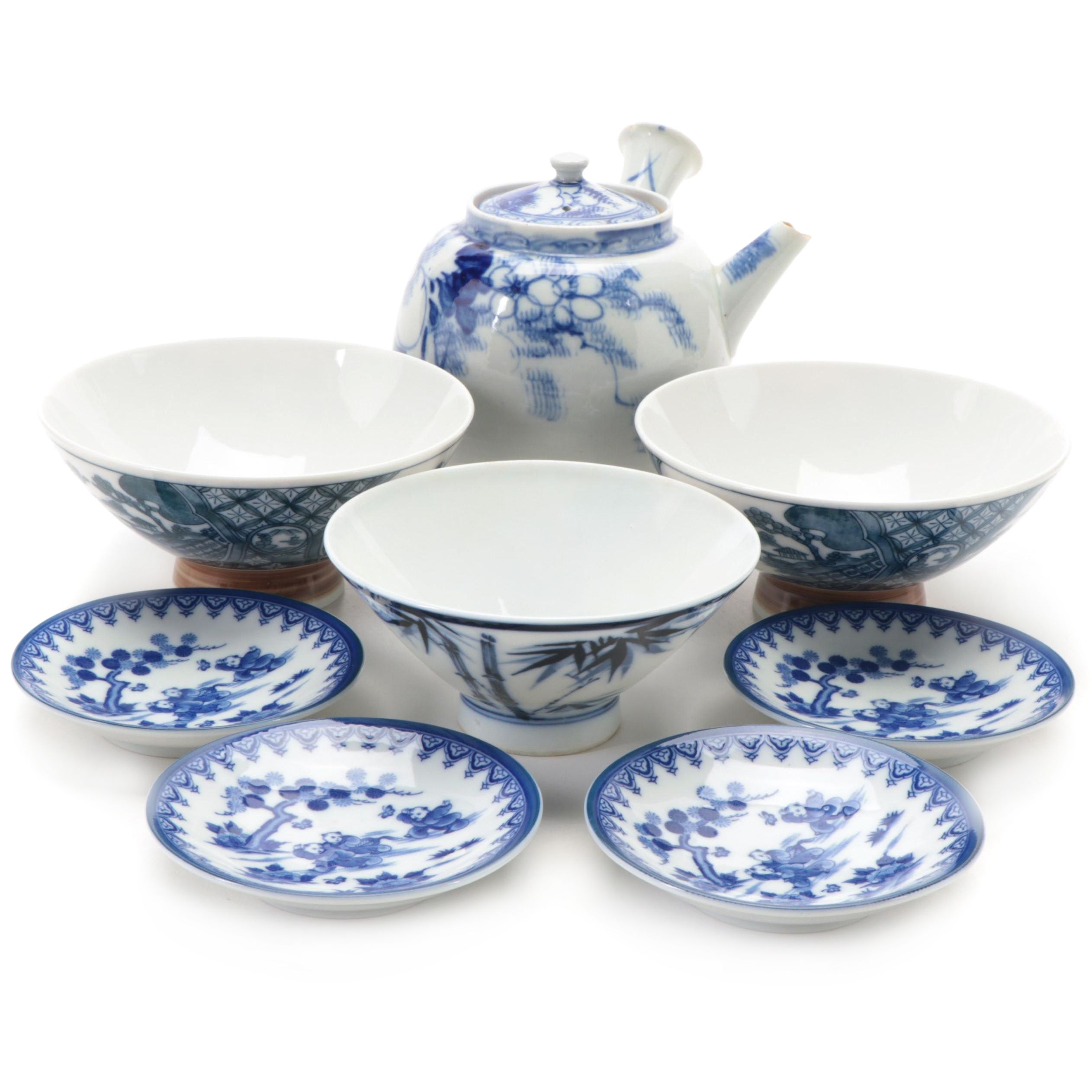 Japanese Porcelain Kyusu Teapot with Other Blue and White Bowls EBTH