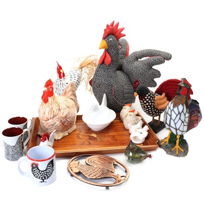 Chicken and Rooster Decor Featuring Milk Glass Nesting Hen, Lamp, and More